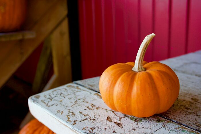 A small orange pumpkin sitting on a weathered wooden table in tiny communities