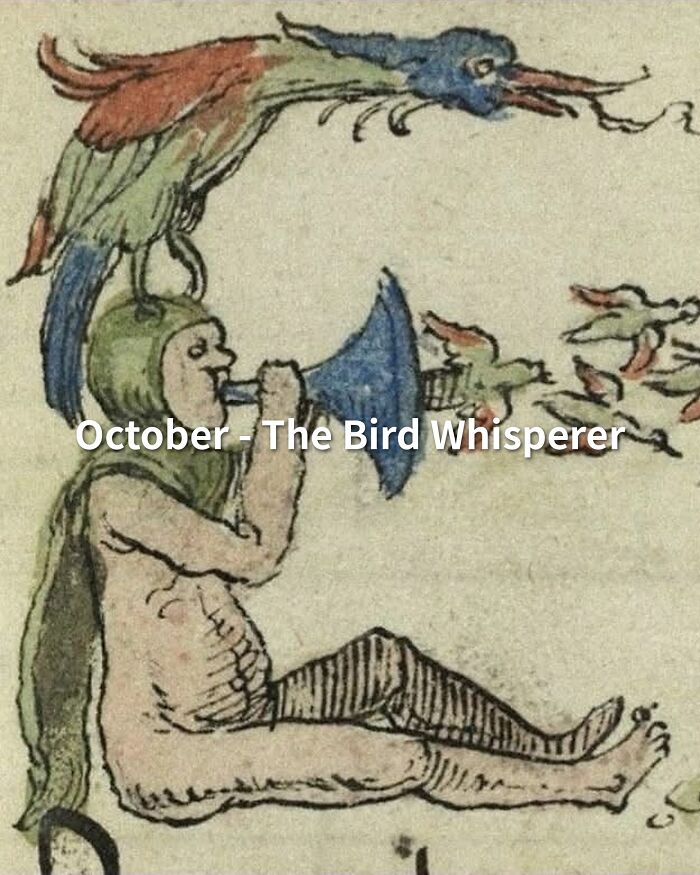 A medieval art meme showing a woman stretching her back with a birth month caption
