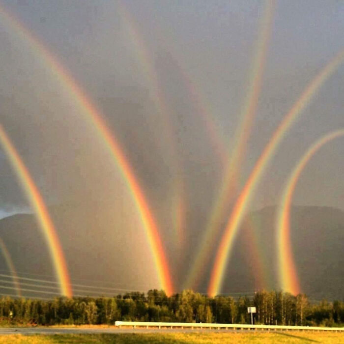 Multiple rainbows forming an unusual matrix glitch in the sky