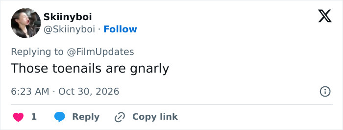 Tweet discussing grooming habits and toenails following a celebrity photoshoot