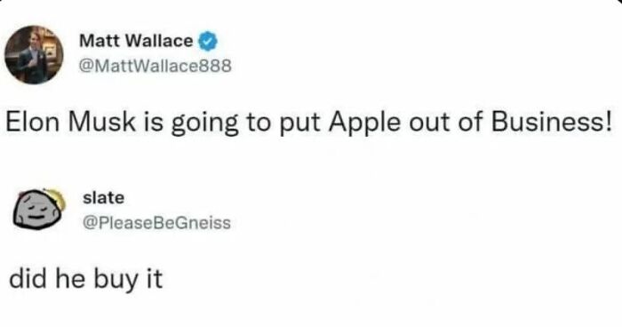A social media exchange about Elon Musk and Apple, showcasing funny and oddly accurate insults