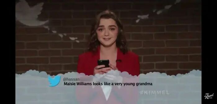 A tweet featuring a funny insult about Maisie Williams looking like a young grandma.