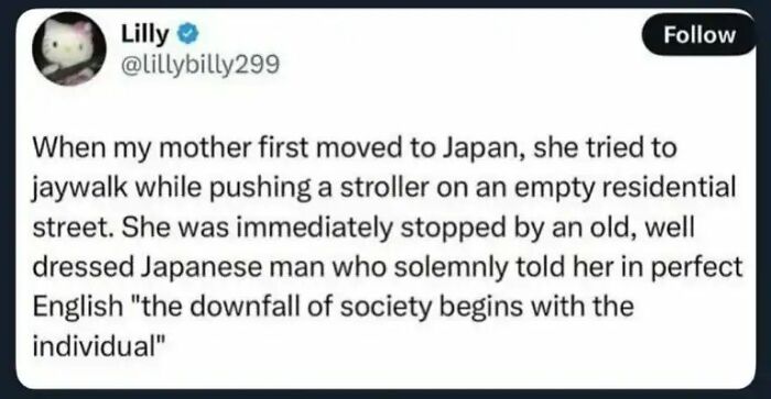 Twitter post sharing funny insults about jaywalking in Japan.