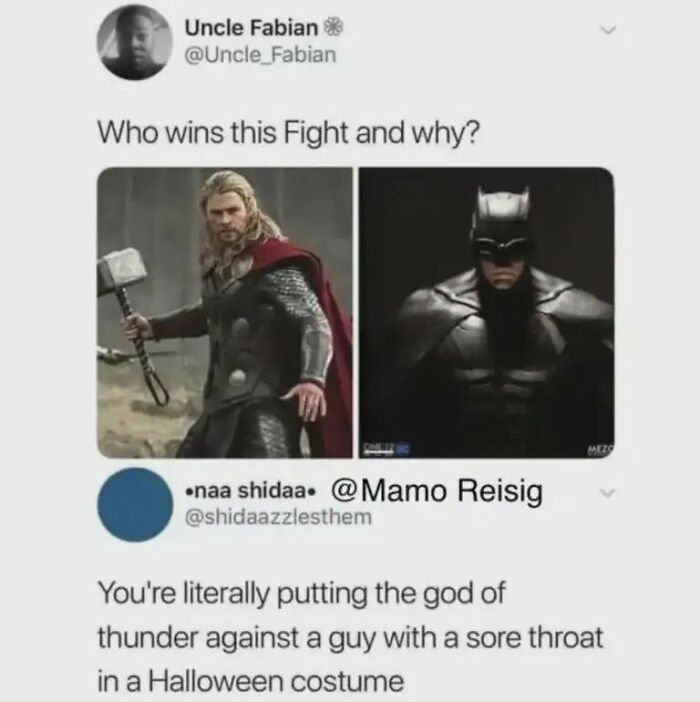 A funny tweet comparing Thor to Batman in a Halloween costume, demonstrating accurate insults.