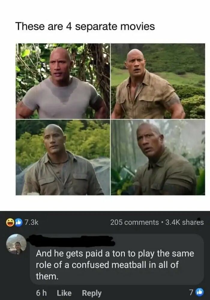 A meme comparing four movies featuring Dwayne Johnson with funny insults in the comments calling him a confused meatball.