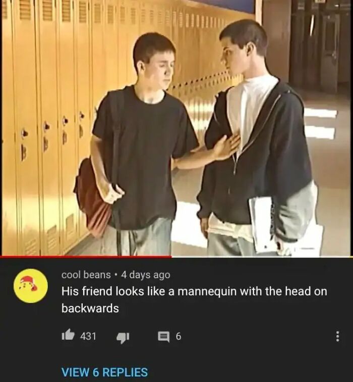 Two boys in a school hallway with a comment illustrating funny insults about looking backwards.