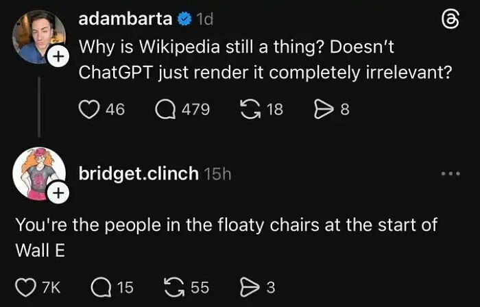 Social media thread comparing users to characters from Wall-E, highlighting funny insults.