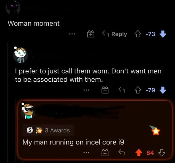 An online discussion showcasing funny insults aimed at a sexist comment, calling the user out.