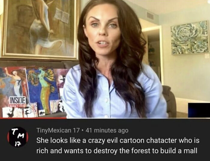 A woman with long dark hair on screen with funny and oddly accurate insults comparing her to a cartoon villain.