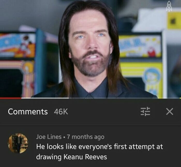A man with long dark hair and a beard with funny and oddly accurate insults comparing him to a Keanu Reeves drawing.