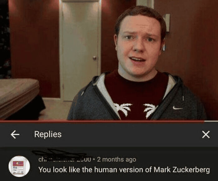 A comment with funny insults comparing a man in a video to a human version of Mark Zuckerberg