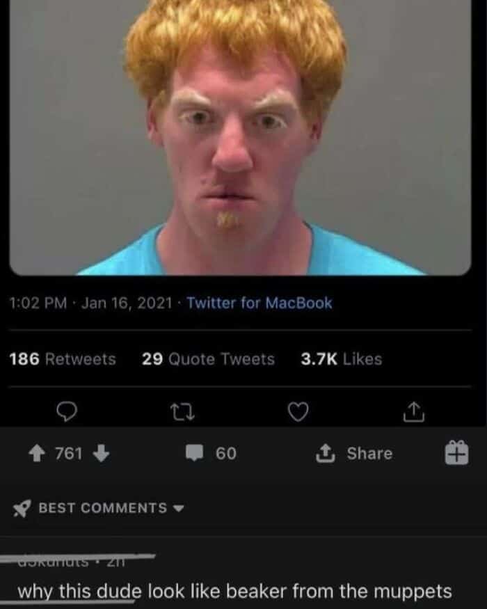 A mugshot with funny insults on social media comparing the man to Beaker from the Muppets