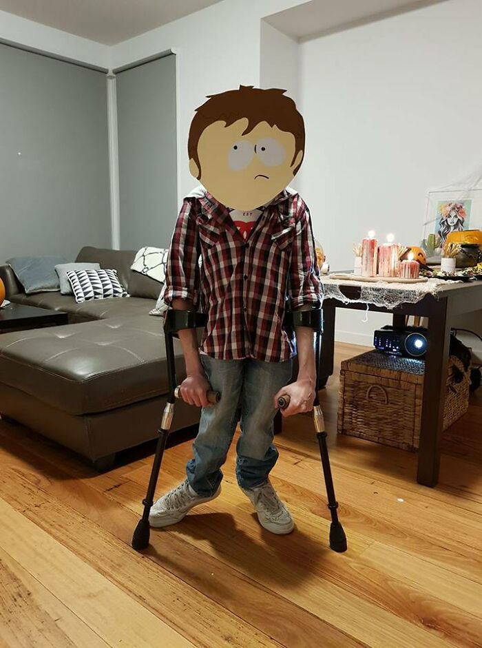 A person on crutches wearing a South Park Jimmy costume, representing people with disabilities on Halloween.