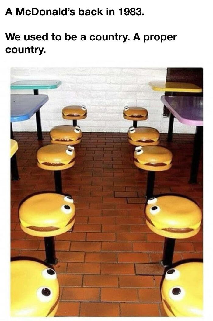 Vintage McDonald dining area featuring hamburger shaped seats from 80s kids nostalgic photos