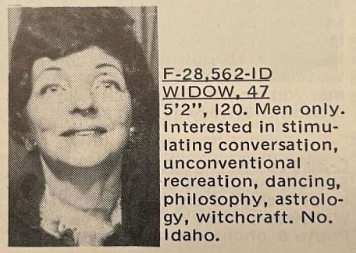 Black and white personal ads from the past featuring a portrait of a 47-year-old widow listing her interests.