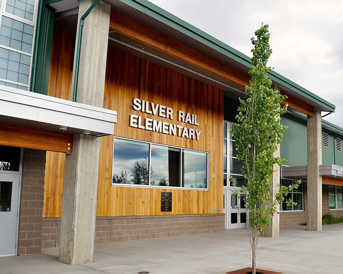Front view of Silver Rail Elementary school building in Oregon Front view of Silver Rail Elementary school building in Oregon