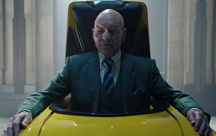 Patrick Stewart as Professor X sitting in his signature yellow hoverchair. Patrick Stewart as Professor X sitting in his signature yellow hoverchair.