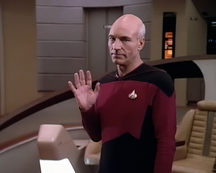Patrick Stewart in his iconic Star Trek costume, reflecting on his career and relationship with his kids.