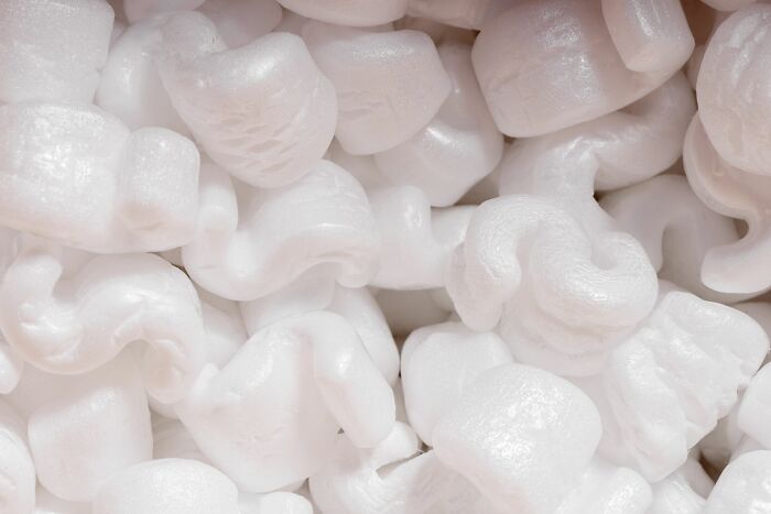 Pile of white packing peanuts in close-up view