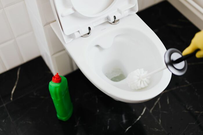 Toilet cleaning with brush and cleaner as a practical life hack for bathroom hygiene