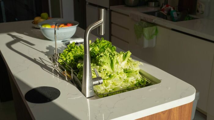 Fresh lettuce drying in kitchen sink with life hacks for food storage