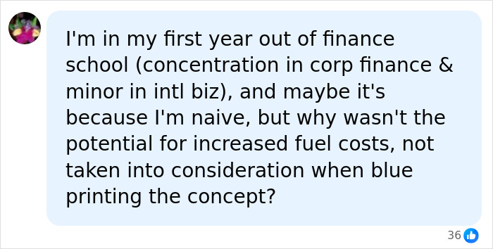 A comment questioning fuel costs for a permanent cruise concept.