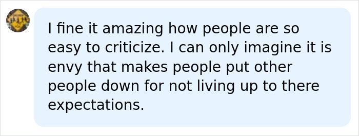 A social media comment defending Pink from cruel comments about envy and criticism.