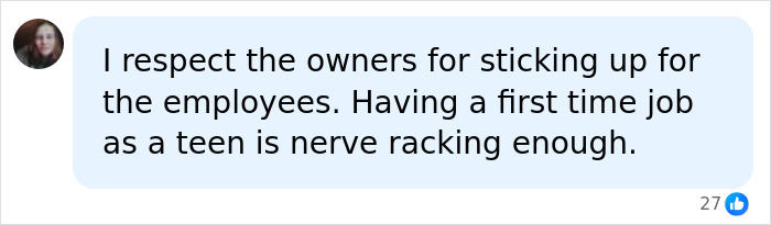 A positive social media comment praising an ice cream shop owner for defending a teen employee. A positive social media comment praising an ice cream shop owner for defending a teen employee.