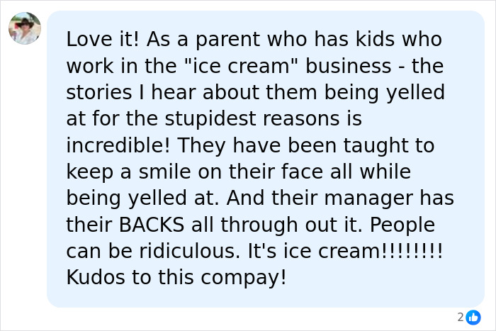 Social media comment from a parent praising the ice cream shop owner for protecting his teen employee. Social media comment from a parent praising the ice cream shop owner for protecting his teen employee.