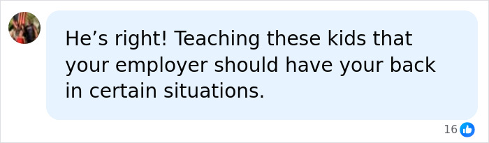 Screenshot of a Facebook comment praising an ice cream shop owner for defending a teen employee. Screenshot of a Facebook comment praising an ice cream shop owner for defending a teen employee.