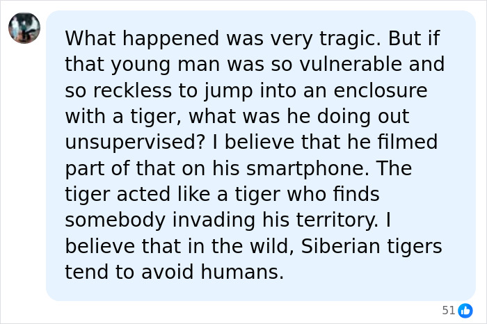 Comment discussing tiger attack and vulnerability of young man Comment discussing tiger attack and vulnerability of young man