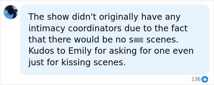 A social media comment supporting Young Sheldon star Emily Osment regarding intimacy coordinators on set. A social media comment supporting Young Sheldon star Emily Osment regarding intimacy coordinators on set.