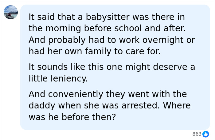 Facebook comment discussing babysitter arrangements related to mom arrested leaving kids home alone. Facebook comment discussing babysitter arrangements related to mom arrested leaving kids home alone.