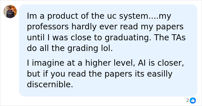 User comment discussing TAs and AI discernibility in UC Berkeley professor homework grading context