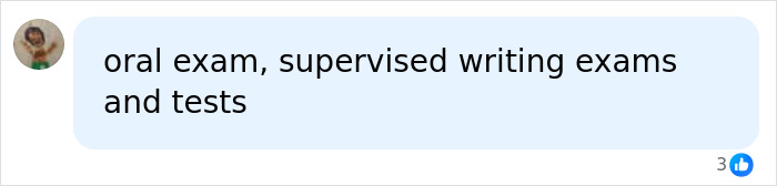 A social media comment suggesting oral and supervised writing exams regarding UC Berkeley professor homework trends.