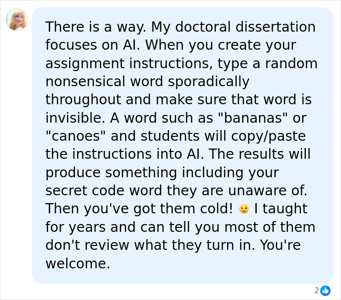 A social media comment suggesting using hidden words in assignment instructions to catch AI use in students homework.