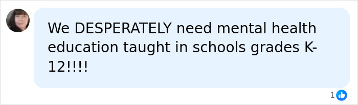 Social media post advocating for mental health education after an Oregon elementary school tragedy.