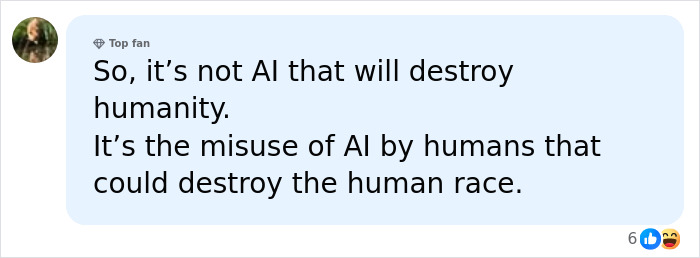 Comment about AI misuse threatening human health and survival