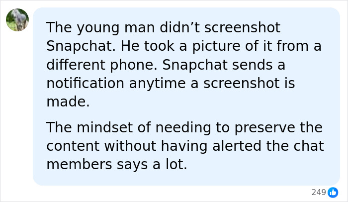 Social media comment explaining the Snapchat message and screenshot actions in the Cornell 7 student case Social media comment explaining the Snapchat message and screenshot actions in the Cornell 7 student case
