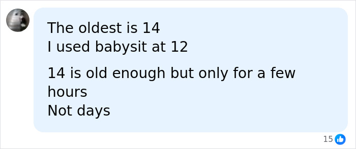 A comment debating babysitting ages regarding a mom who left kids home alone.