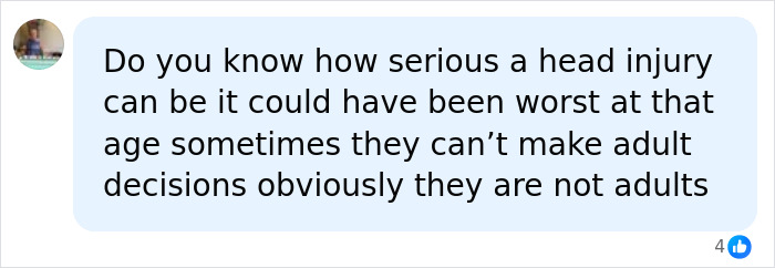 A comment highlighting the seriousness of a head injury after a mom left 4 kids home alone.