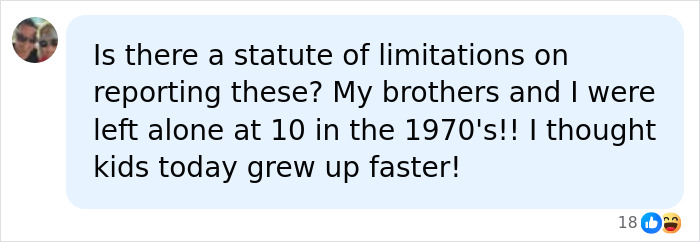 A social media comment asking about statute of limitations for kids home alone.