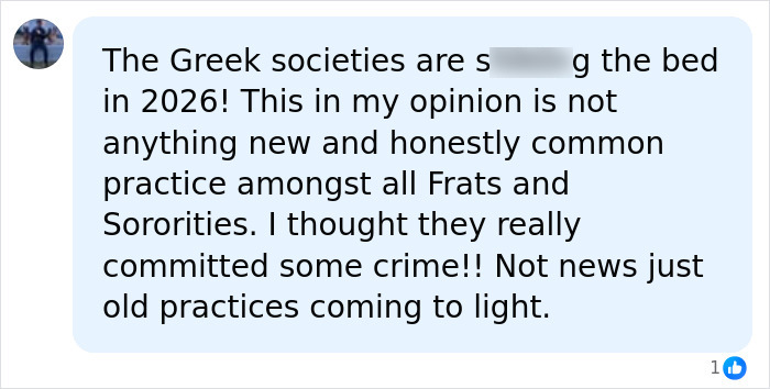 Social media comment discussing Greek societies and sorority scandal Social media comment discussing Greek societies and sorority scandal