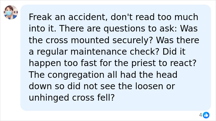 Comment discussing if crucifix was securely mounted during priest incident in live mass Comment discussing if crucifix was securely mounted during priest incident in live mass