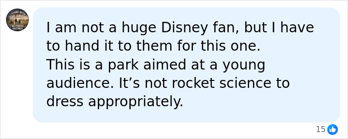 Online comment discussing Disney World park dress code and appropriate outfit choices for guests. Online comment discussing Disney World park dress code and appropriate outfit choices for guests.