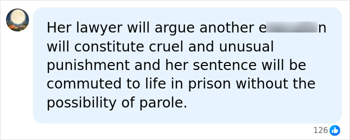 A social media comment discussing Christa Pike legal outcome of life in prison without parole