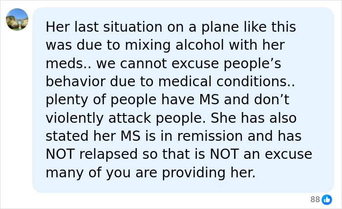 A online comment discussing Selma Blair's airplane incident and her medical condition. A online comment discussing Selma Blair's airplane incident and her medical condition.