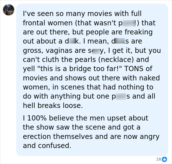 Detailed social media comment addressing double standards surrounding an explicit scene in a Netflix miniseries.