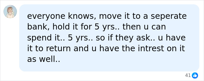 A online comment giving advice on how to hold money accidentally placed in a bank account. A online comment giving advice on how to hold money accidentally placed in a bank account.