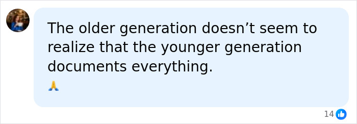 A user comment discussing generations documenting evidence regarding a dad caught red-handed committing a crime.